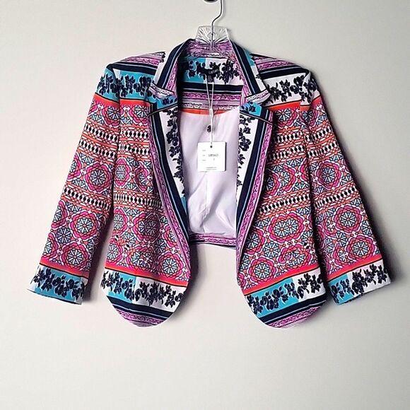 NWT Ladakh Scarf XS 2 Print Cropped Boho Office Blazer Colorful Jacket Bolero - Picture 1 of 16